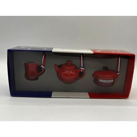 Le Creuset Cerise Red Miniature Ornaments Set of 3 2021 Dutch Oven Tea Pot NEW - Picture 1 of 7